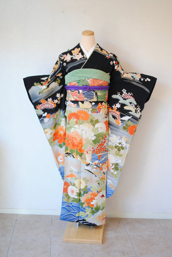 No.262 波に牡丹文様ぼかし錦紗振袖