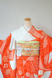 No.306  朱色絞り熨斗文様菊花刺繍振袖