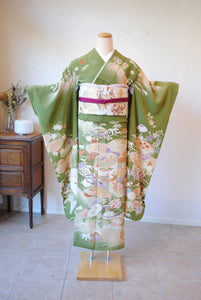 No.262 鶯色貝桶に四季の花々文様錦紗振袖