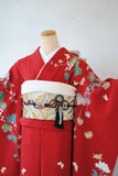 No.153 赤地蝶々に白芍薬文様振袖