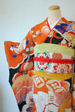 No.160 檜扇に鶴梅刺繍黒振袖